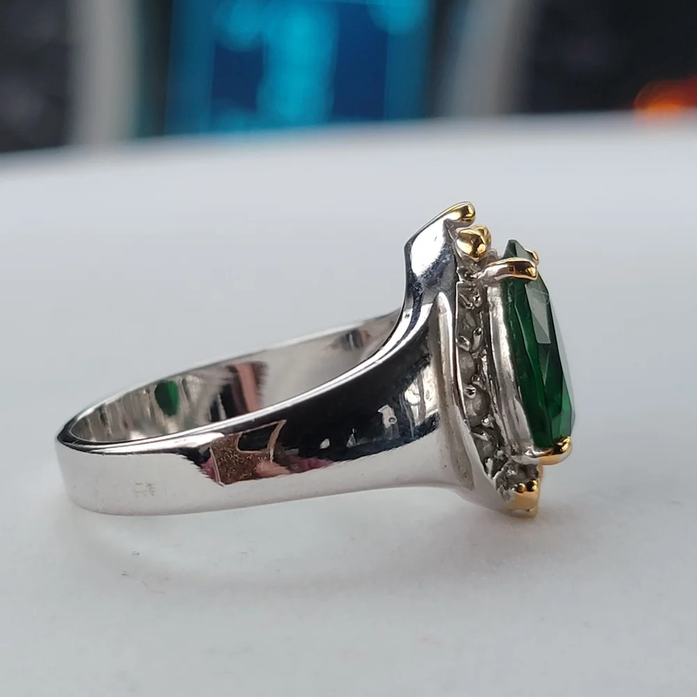 Emerald Teardrop Silver Ring Simulated Diamond Gemstone Gold Tone Accent sz 12